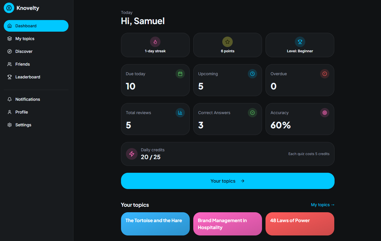 Knovelty dashboard with streak, points, due cards and your topics